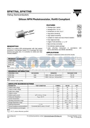 BPW77NA datasheet - Silicon NPN Phototransistor