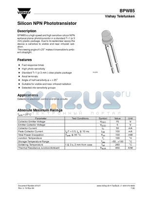 BPW85 datasheet - Silicon NPN Phototransistor