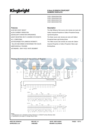 CA25-12YWA datasheet - 6.2mm (0.25INCH) FOUR DIGIT NUMERIC DISPLAYS