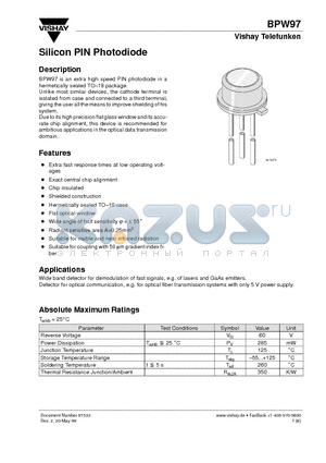 BPW97 datasheet - Silicon PIN Photodiode