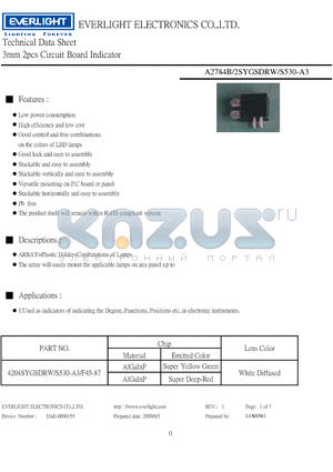 A2784B/2SYGSDRW/S530-A3 datasheet - 3mm 2pcs Circuit Board Indicator