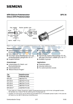 BPX38-5 datasheet - NPN-Silizium-Fototransistor Silicon NPN Phototransistor