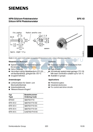 BPX43-3 datasheet - NPN-Silizium-Fototransistor Silicon NPN Phototransistor