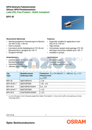 BPX43-5 datasheet - Lead (Pb) Free Product - RoHS Compliant