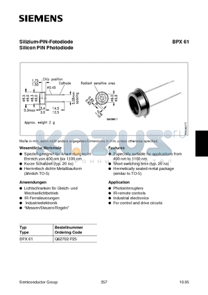BPX61 datasheet - Silizium-PIN-Fotodiode Silicon PIN Photodiode