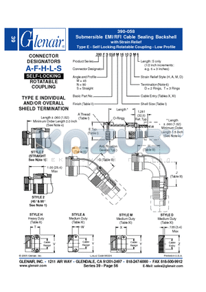 390FS058M16 datasheet - Submersible EMI/RFI Cable Sealing Backshell with Strain Relief