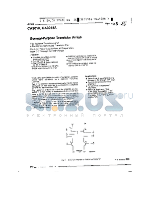 CA3018A datasheet - GENERAL PURPOSE TRANSISTOR ARRAYS