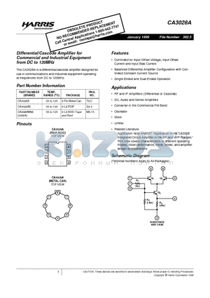 CA3028AE datasheet - Differential/Cascode Amplifier for Commercial and Industrial Equipment from DC to 120MHz