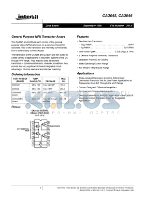 CA3045 datasheet - General Purpose NPN Transistor Arrays