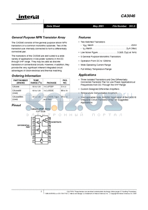 CA3046 datasheet - General Purpose NPN Transistor Array