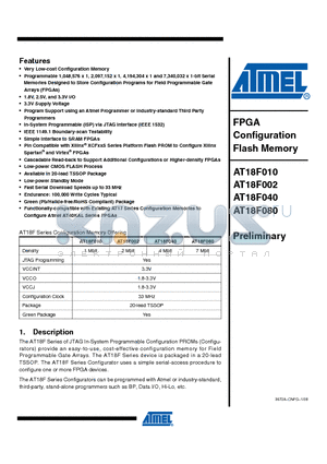 AT18F010 datasheet - FPGA Configuration Flash Memory