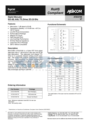 AT20-0106-PIN datasheet - Digital Attenuator 50.0dB, 6-Bit, TTL Driver, DC-2.0 GHz