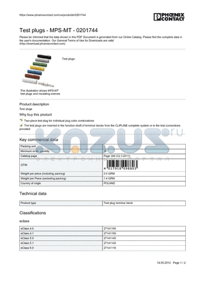 0201744 datasheet - Test plugs - MPS-MT - 0201744