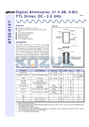 AT20-0107 datasheet - Digital Attenuator, 31.5 dB, 6-Bit, TTL Driver, DC - 2.0 GHz