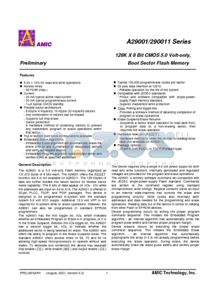 A290011T-55 datasheet - 128K X 8 Bit CMOS 5.0 Volt-only, Boot Sector Flash Memory