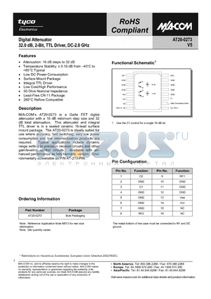 AT20-0273_1 datasheet - Digital Attenuator 32.0dB, 2-Bit, TTL Driver, DC-2.0 GHz