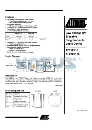 AT22LV10-20SC datasheet - Low-Voltage UV Erasable Programmable Logic Device