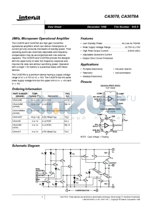 CA3078AM96 datasheet - 2MHz, Micropower Operational Amplifier