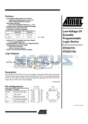 AT22LV10L-25JC datasheet - Low-Voltage UV Erasable Programmable Logic Device