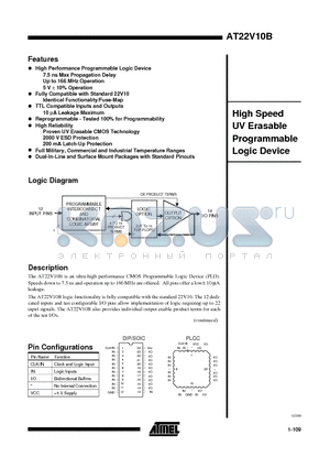 AT22V10B-10DM/883 datasheet - High Speed UV Erasable Programmable Logic Device