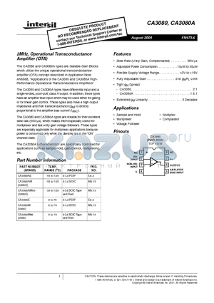 CA3080A datasheet - 2MHz, Operational Transconductance Amplifier (OTA)