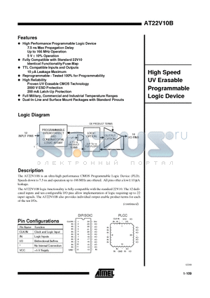 AT22V10B-10PI datasheet - High Speed UV Erasable Programmable Logic Device