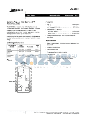 CA3083 datasheet - General Purpose High Current NPN Transistor Array