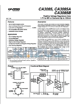 CA3085 datasheet - Positive Voltage Regulators from 1.7 to 46V at Currents Up to 100mA