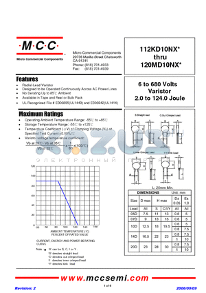 390KD10NX datasheet - 6 to 680 Volts Varistor 2.0 to 124.0 Joule