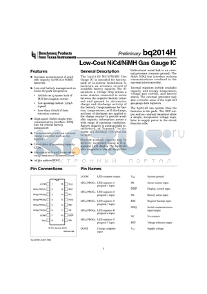 BQ2014HSN-A309 datasheet - Low-Cost NiCd/NiMH Gas Gauge IC
