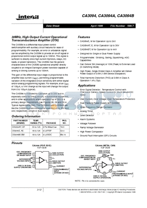 CA3094B datasheet - 30MHz, High Output Current Operational Transconductance Amplifier (OTA)