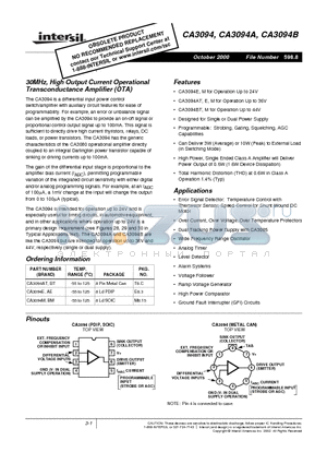 CA3094BT datasheet - 30MHz, High Output Current Operational Transconductance Amplifier (OTA)