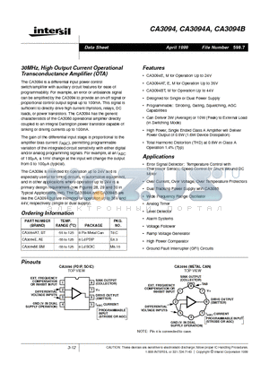 CA3094E datasheet - 30MHz, High Output Current Operational Transconductance Amplifier (OTA)