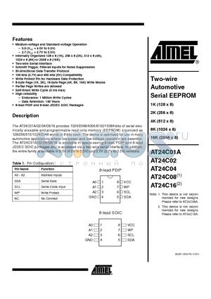 AT24C01A datasheet - Two-wire Automotive Serial EEPROM