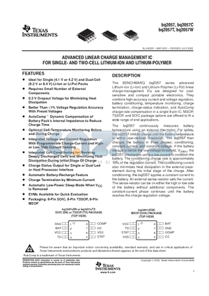 BQ2057 datasheet - ADVANCED LINEAR CHARGE MANAGEMENT IC FOR SINGLE AND TWO CELL LITHIUM-POLYMER