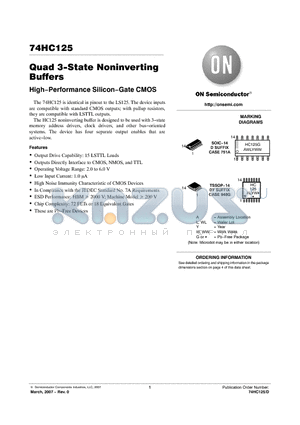 74HC125DR2G datasheet - Quad 3−State Noninverting Buffers