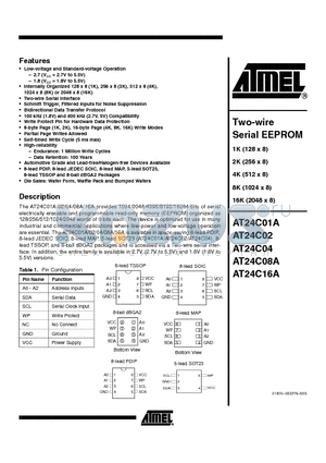 AT24C01A-10PC-1.8 datasheet - 2-Wire Serial EEPROM