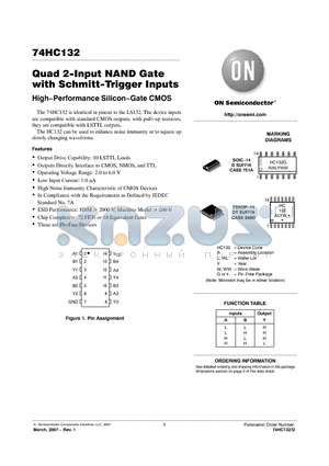 74HC132 datasheet - Quad 2−Input NAND Gate with Schmitt−Trigger Inputs High−Performance Silicon−Gate CMOS