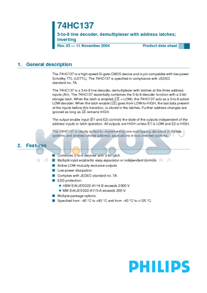 74HC137D datasheet - 3-to-8 line decoder, demultiplexer with address latches inverting