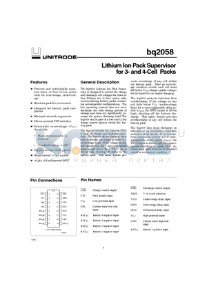 BQ2058FSN datasheet - Lithium Ion Pack Supervisor for 3- and 4-Cell Packs