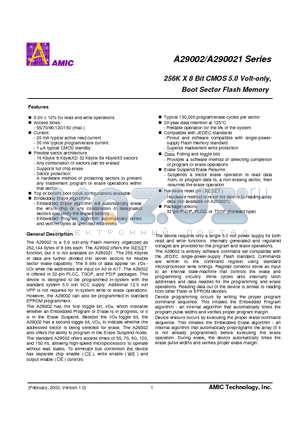 A290021 datasheet - 256K X 8 Bit CMOS 5.0 Volt-only, Boot Sector Flash Memory