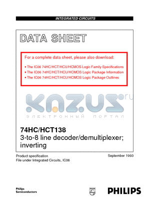 74HC138D datasheet - 3-to-8 line decoder/demultiplexer; inverting