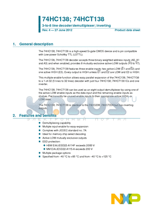 74HC138_12 datasheet - 3-to-8 line decoder/demultiplexer; inverting