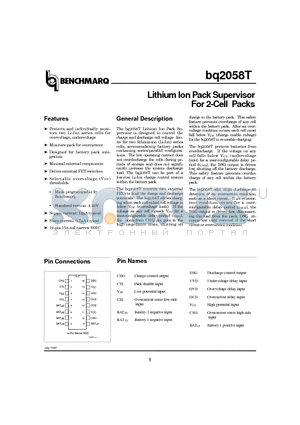 BQ2058T datasheet - Lithium Ion Pack Supervisor For 2-Cell Packs