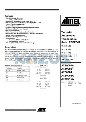 AT24C01A_07 datasheet - Two-wire Automotive Temperature Serial EEPROM
