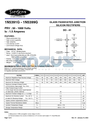 1N5392G datasheet - GLASS PASSIVATED JUNCTION SILICON RECTIFIERS