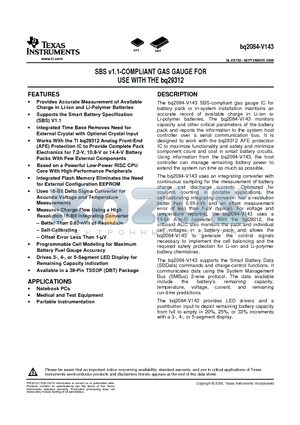 BQ2084-V143_07 datasheet - SBS v1.1-COMPLIANT GAS GAUGE FOR USE WITH THE bq29312