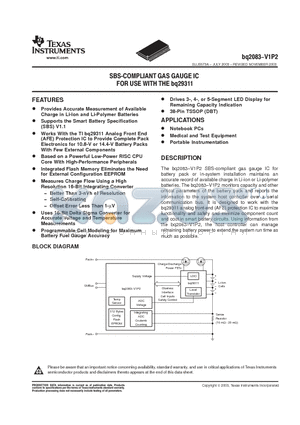 BQ2083 datasheet - SBS-COMPLIANT GAS GAUGE IC FOR USE WITH THE bq29311