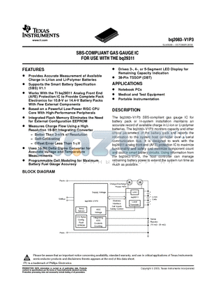 BQ2083-V1P3 datasheet - SBS-COMPLIANT GAS GAUGE IC FOR USE WITH THE bq29311