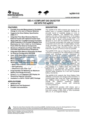 BQ2084DBT datasheet - SBS v1.1-COMPLIANT GAS GAUGE FOR USE WITH THE bq29312